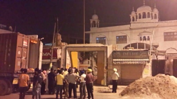 A scene outside the Gurdwara Sahib were saroops were transferred to