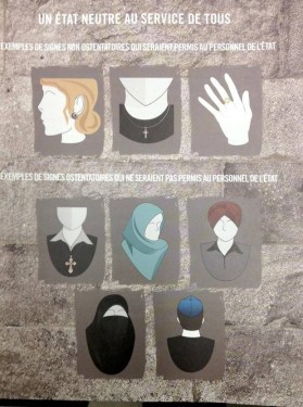 In this image released by the Quebec government, the three examples at the top show how public employees in Quebec would be allowed to wear religious symbols in the workplace. The five below are examples of violations of the proposed rules. (Government of Quebec) 