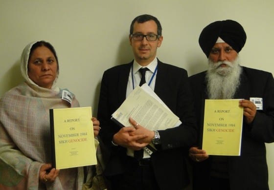 Sikh genocide victim Gurdeep Kaur with Human Rights Officer Stenfano Sensi and Jasbir Singh (witness in Jagdish Tytler case) 