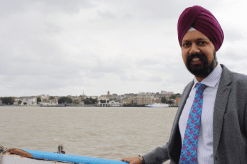Councillor Tanmanjeet Singh Dhesi (former Mayor and MP candidate for Labour) showing the location of where the statue will be sited, on the bank of river Thames in Gravesend.