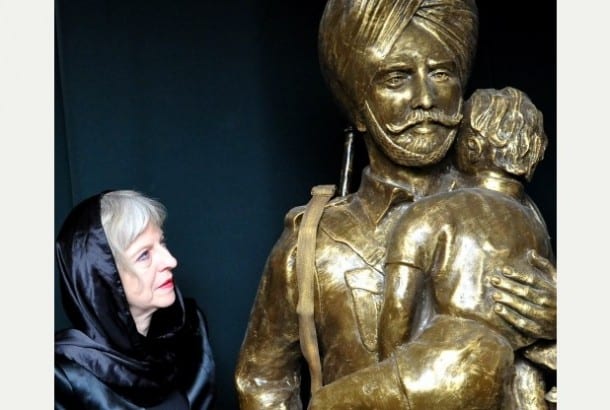 DEGM20141126B-098_C.JPG Picture By: Geoff Girvan-Merryweather Princes Street, Derby - National Sikh Museum has opened a new WWI exhibition, revealed by home secretary Theresa May Theresa May with the new statues 01332 402530