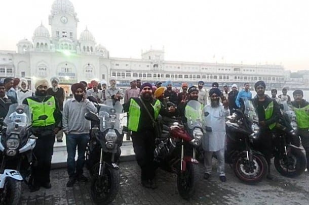 The bikers on arrival at the compound of their final destination, the Golden Temple of Amritsar.
