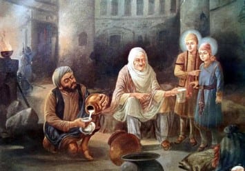 Baba Moti Ram Mehra pouring milk for the tender sons of Guru Gobind Singh Ji 
