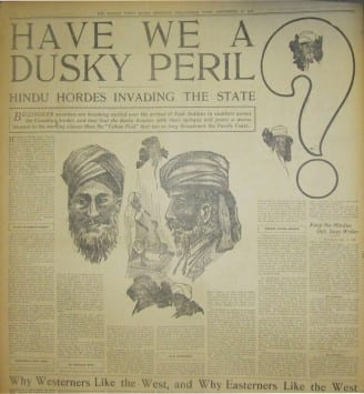 Xenophobic News Article from 1906 where Washington residents feared immigration by Sikhs.