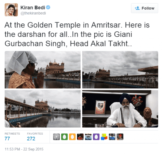 Tweet by Kiran Bedi during her visit to Sri Darbar Sahib and Akal Takht Sahib the day before Sirsa cult chief was forgiven