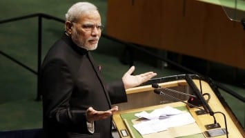 Narendra Modi, Prime Minister of India, speaks at the UN General Assembly in New York City Saturday. 
