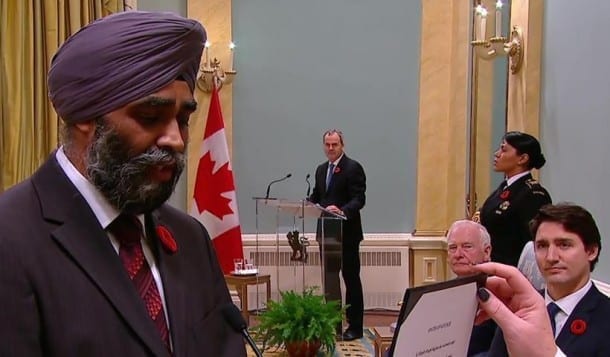 Harjit Singh Sajjan takes his oath of office as Minister of National Defence.