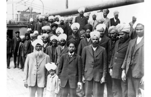 Archival photo of some of the 376 Punjabis, mostly Sikhs, aboard the Komagata Maru in Vancouver Harbour in 1914. After two months on board, they were refused entry to Canada and were turned away.