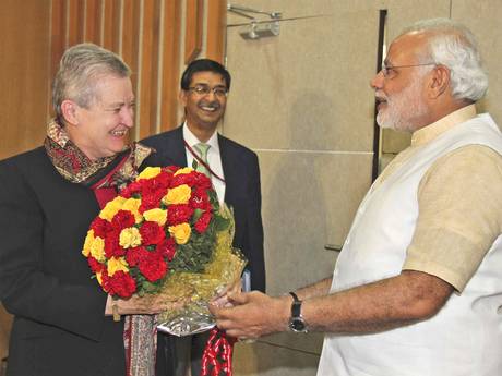 The BJP prime ministerial candidate Narendra Modi with the US ambassador to India Nancy Powell (AP)