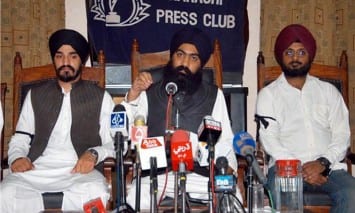 Chief patron of the Pakistan Sikh council Sardar Ramesh Singh addressing a press conference to advocate against desecration of sacred scriptures of Sikhs at various gurdwaras in Sindh, at Karachi Press Club.