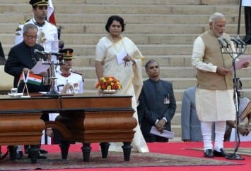 President Pranab Mukherjee administers the oath of office to Narendra Modi as the 15th Prime Minister of India, at a ceremony in Rashtrapati Bhavan, New Delhi